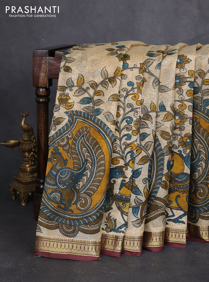 Pure printed silk saree beige and wine shade with allover kalamkari prints and zari woven border