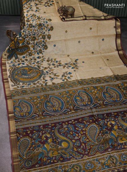 Pure printed silk saree beige and wine shade with allover kalamkari prints and zari woven border