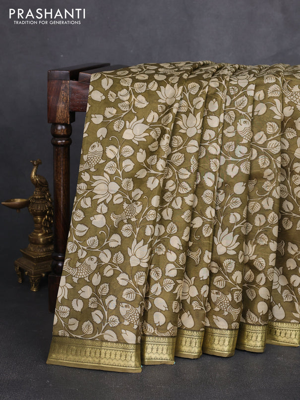Pure printed silk saree mehendi green with allover kalamkari prints and zari woven border
