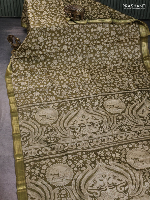 Pure printed silk saree mehendi green with allover kalamkari prints and zari woven border