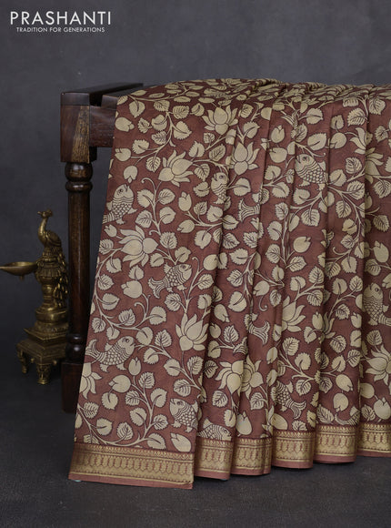 Pure printed silk saree brown with allover kalamkari prints and zari woven border