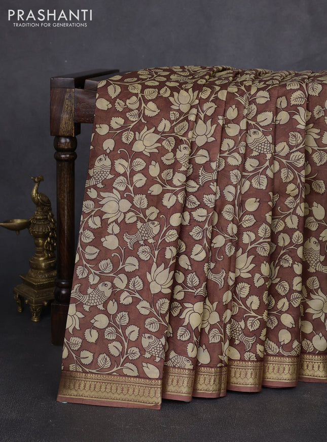 Pure printed silk saree brown with allover kalamkari prints and zari woven border
