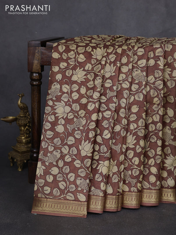Pure printed silk saree brown with allover kalamkari prints and zari woven border