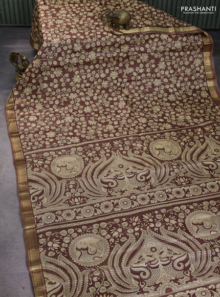 Pure printed silk saree brown with allover kalamkari prints and zari woven border