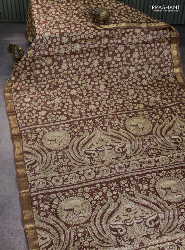 Pure printed silk saree brown with allover kalamkari prints and zari woven border