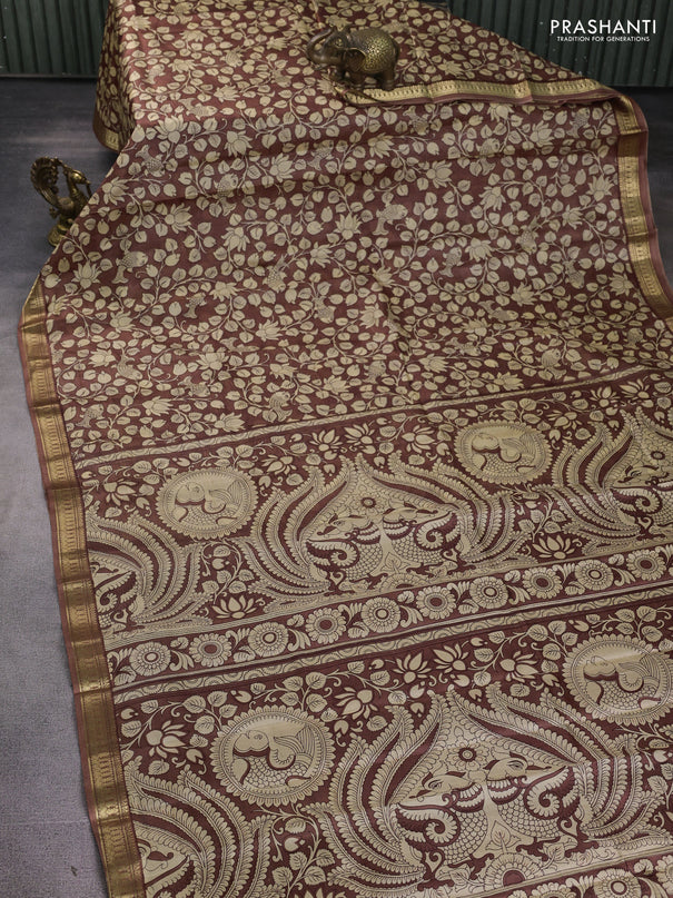 Pure printed silk saree brown with allover kalamkari prints and zari woven border