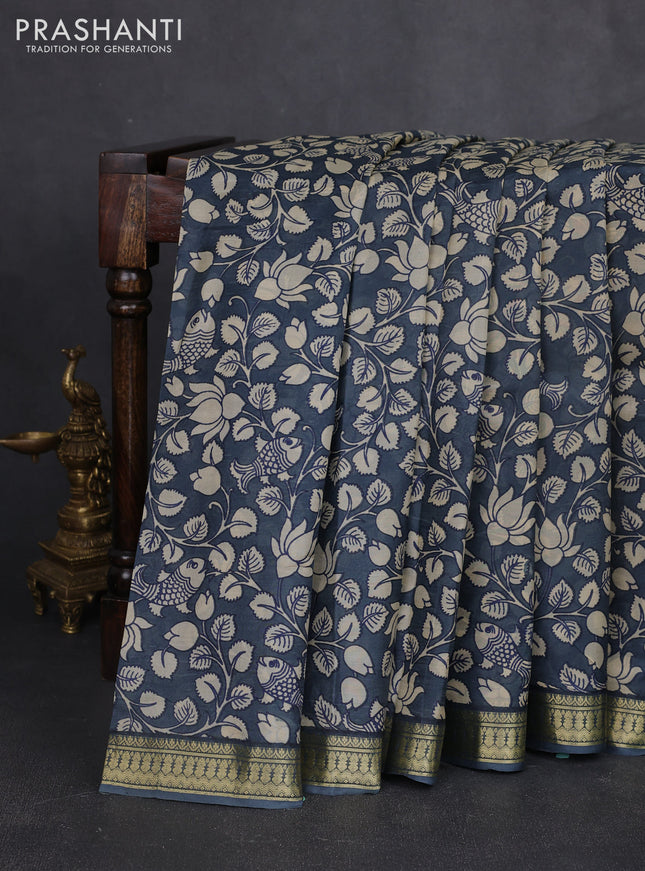 Pure printed silk saree grey with allover kalamkari prints and zari woven border