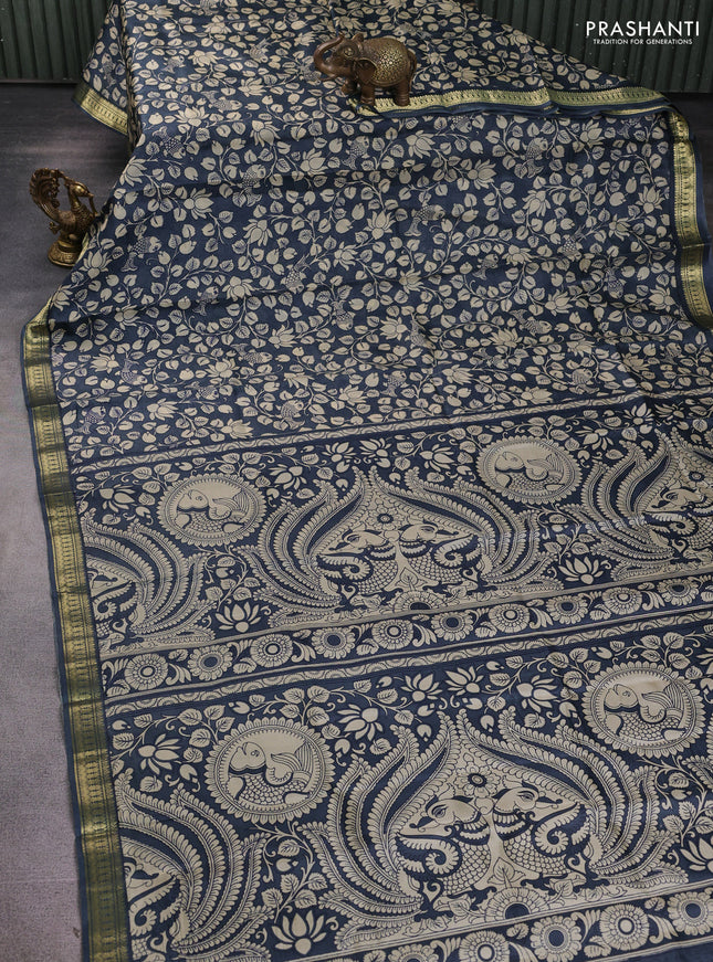 Pure printed silk saree grey with allover kalamkari prints and zari woven border