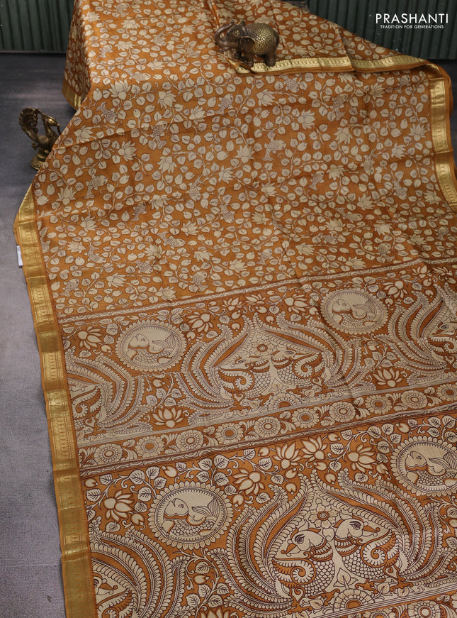 Pure printed silk saree mustard yellow with allover kalamkari prints and zari woven border