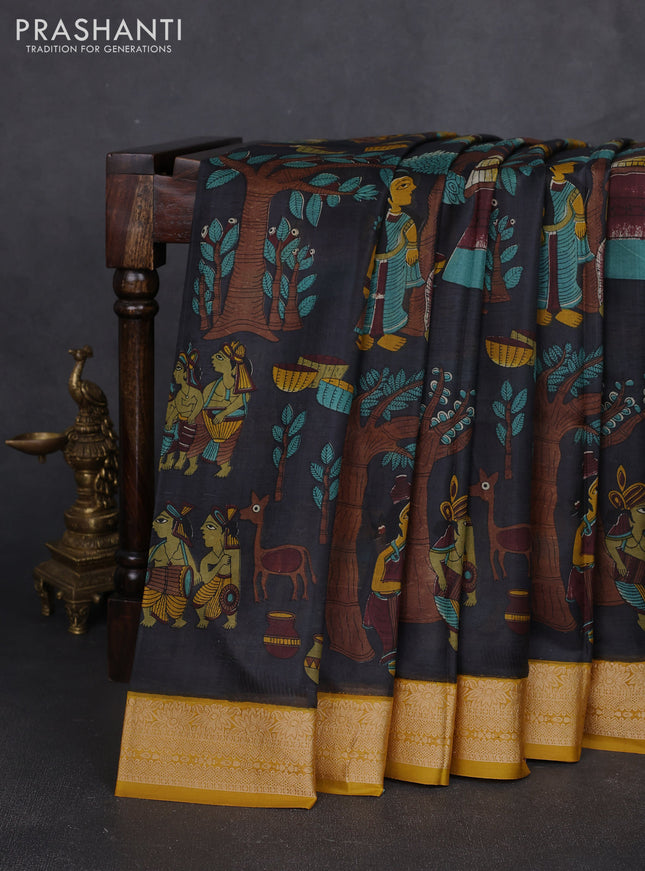 Pure printed silk saree black and mustard yellow with allover kalamkari prints and thread woven border