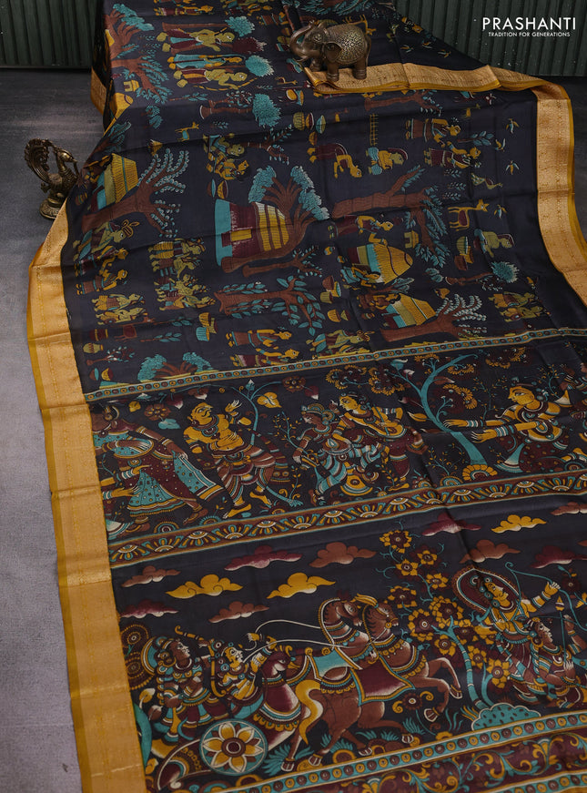Pure printed silk saree black and mustard yellow with allover kalamkari prints and thread woven border