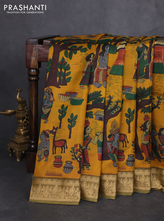Pure printed silk saree mustard yellow and mehendi green with allover kalamkari prints and thread woven border