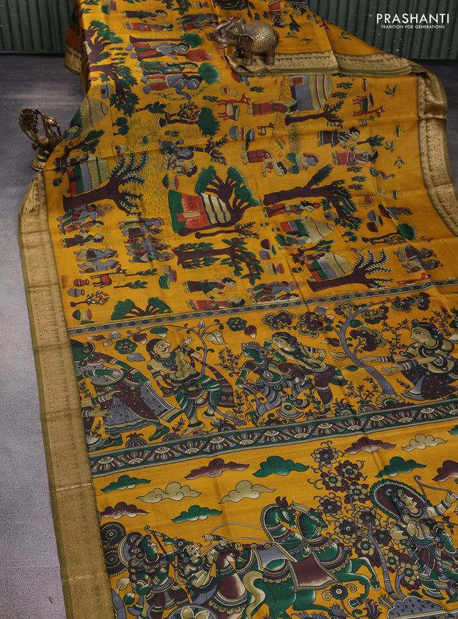 Pure printed silk saree mustard yellow and mehendi green with allover kalamkari prints and thread woven border