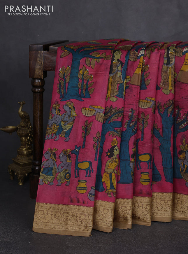Pure printed silk saree pink and sandal with allover kalamkari prints and thread woven border