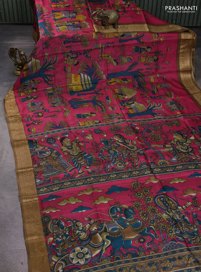 Pure printed silk saree pink and sandal with allover kalamkari prints and thread woven border