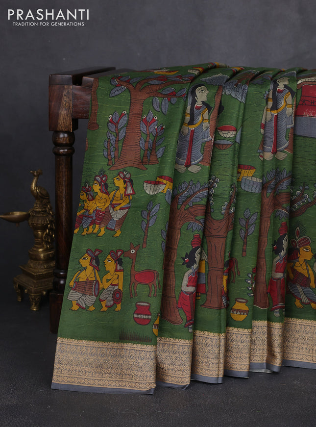 Pure printed silk saree green and grey with allover kalamkari prints and thread woven border