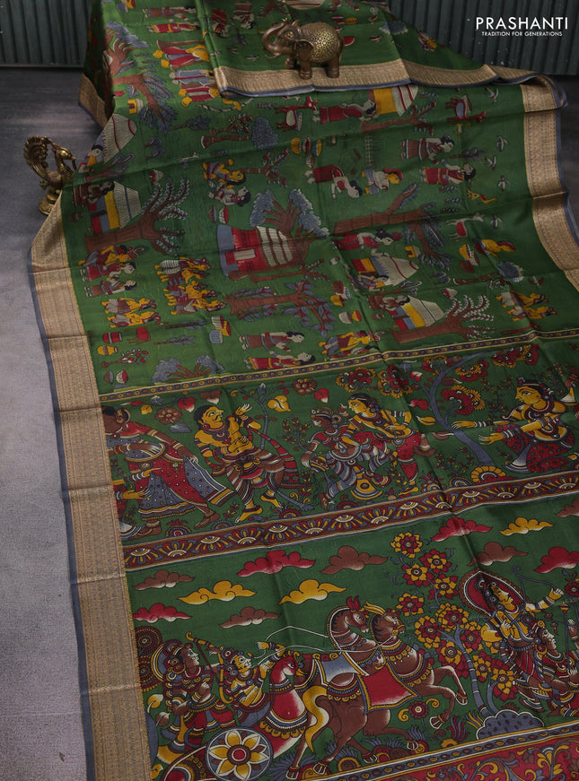 Pure printed silk saree green and grey with allover kalamkari prints and thread woven border