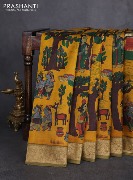 Pure printed silk saree mustard yellow and mehendi green with allover kalamkari prints and thread woven border
