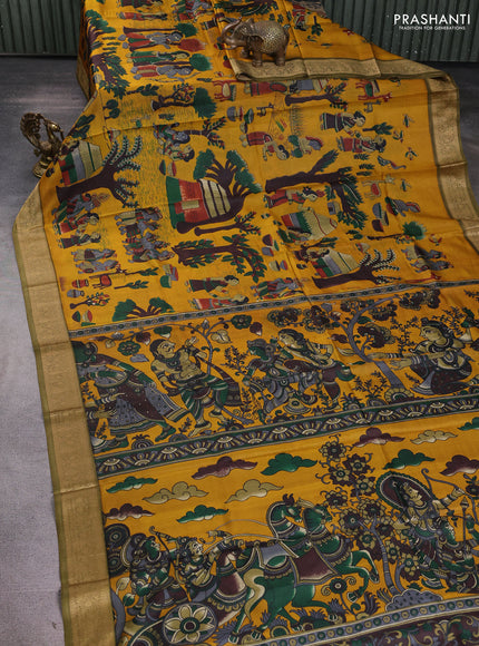 Pure printed silk saree mustard yellow and mehendi green with allover kalamkari prints and thread woven border