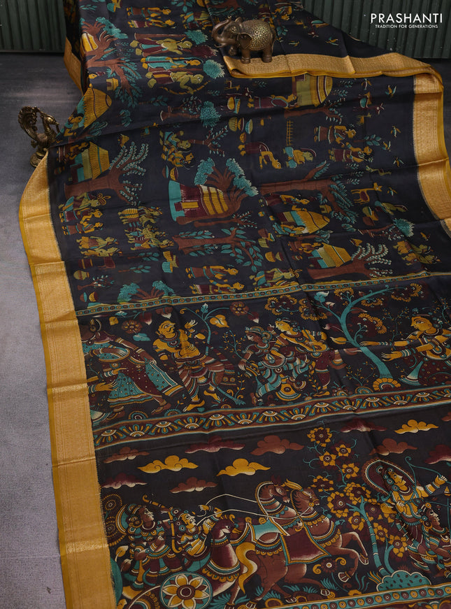 Pure printed silk saree black and mustard yellow with allover kalamkari prints and thread woven border