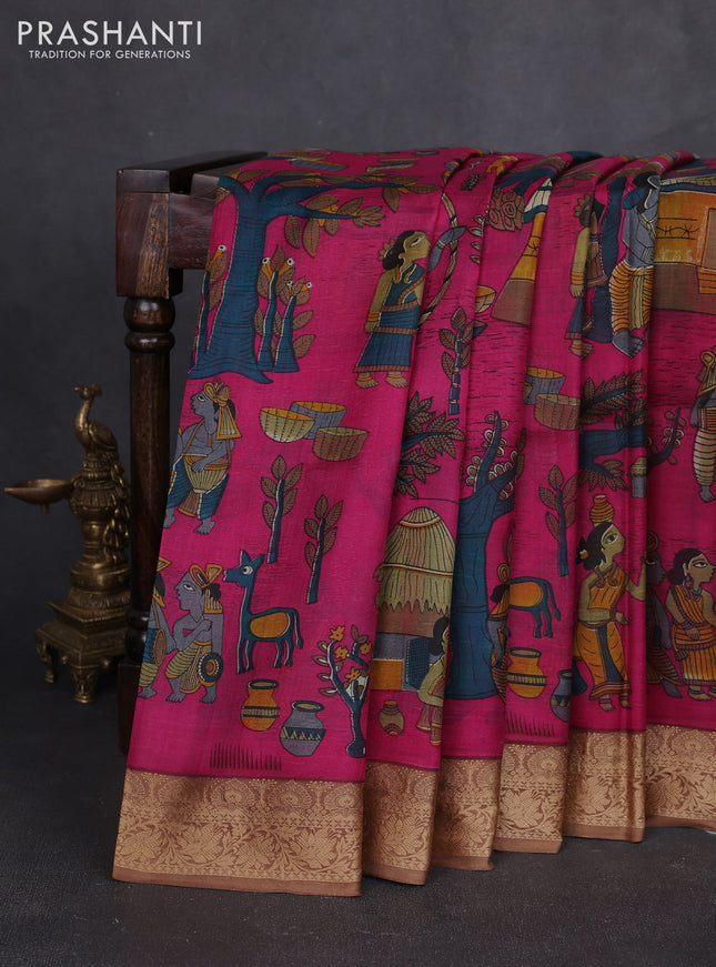 Pure printed silk saree pink and sandal with allover kalamkari prints and thread woven border