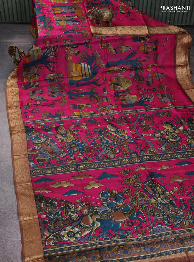 Pure printed silk saree pink and sandal with allover kalamkari prints and thread woven border