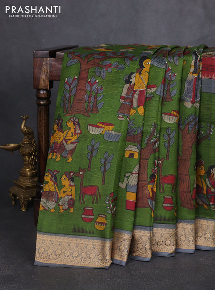 Pure printed silk saree green and grey with allover kalamkari prints and thread woven border