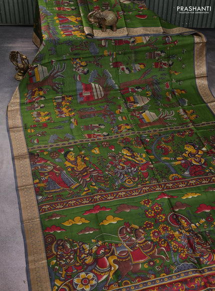 Pure printed silk saree green and grey with allover kalamkari prints and thread woven border