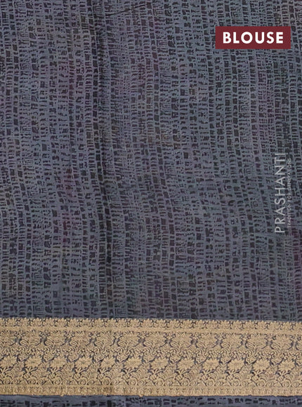 Pure printed silk saree green and grey with allover kalamkari prints and thread woven border