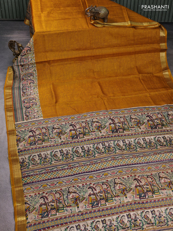 Pure printed silk saree mustard yellow with allover prints and madhubani printed zari woven border
