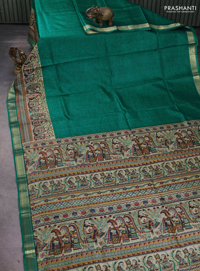 Pure printed silk saree teal green with allover prints and madhubani printed zari woven border