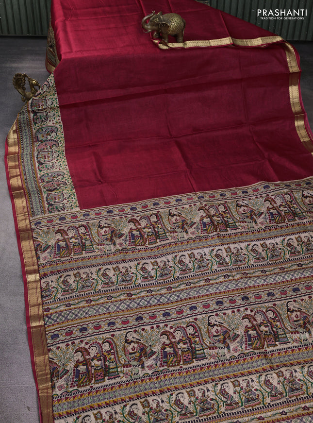 Pure printed silk saree maroon with allover prints and madhubani printed zari woven border