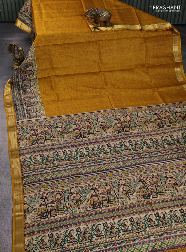 Pure printed silk saree mustard yellow with allover prints and madhubani printed zari woven border