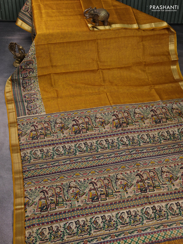 Pure printed silk saree mustard yellow with allover prints and madhubani printed zari woven border
