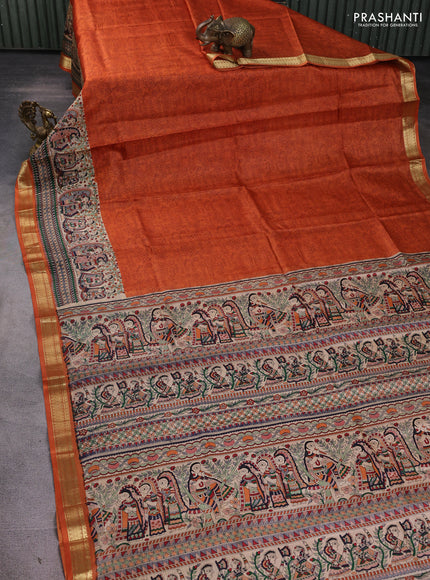 Pure printed silk saree orange with allover prints and madhubani printed zari woven border