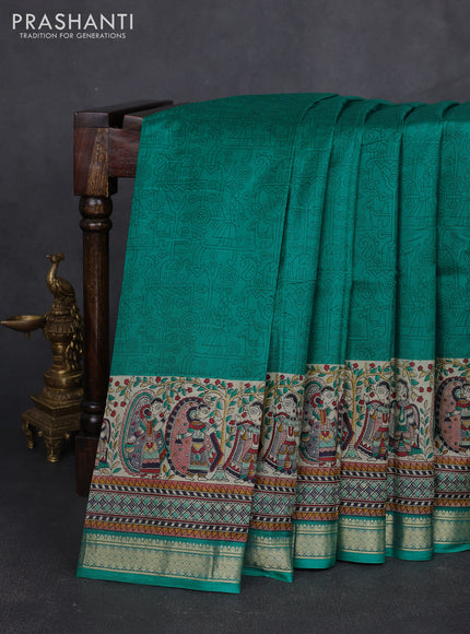 Pure printed silk saree teal green with allover prints and madhubani printed zari woven border