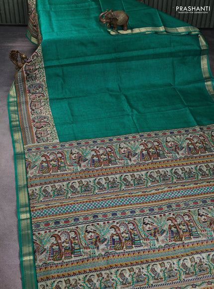 Pure printed silk saree teal green with allover prints and madhubani printed zari woven border