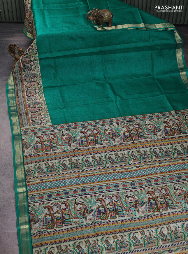 Pure printed silk saree teal green with allover prints and madhubani printed zari woven border