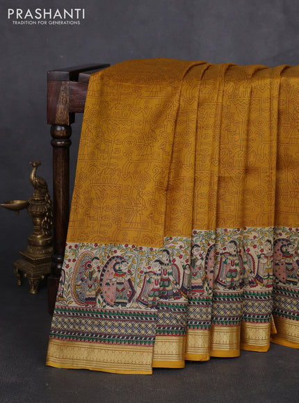 Pure printed silk saree mustard yellow with allover prints and madhubani printed zari woven border