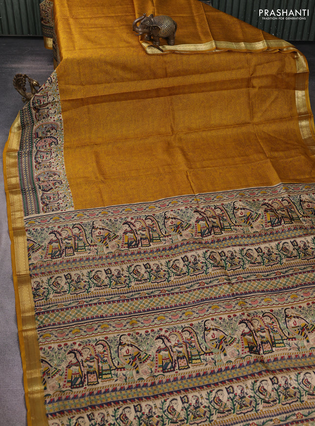Pure printed silk saree mustard yellow with allover prints and madhubani printed zari woven border