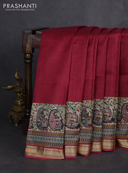 Pure printed silk saree maroon with allover prints and madhubani printed zari woven border