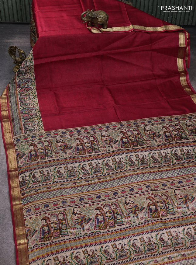 Pure printed silk saree maroon with allover prints and madhubani printed zari woven border