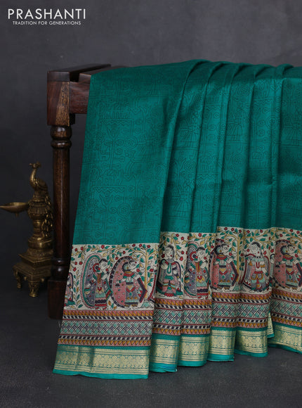 Pure printed silk saree teal green with allover prints and madhubani printed zari woven border