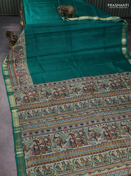 Pure printed silk saree teal green with allover prints and madhubani printed zari woven border
