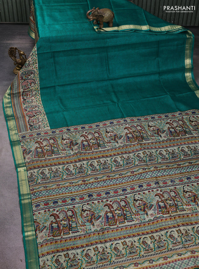 Pure printed silk saree teal green with allover prints and madhubani printed zari woven border