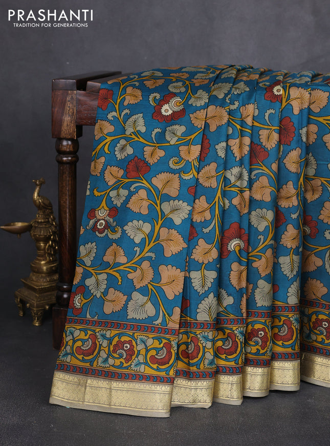 Pure printed silk saree teal blue and beige with allover kalamkari prints and zari woven border