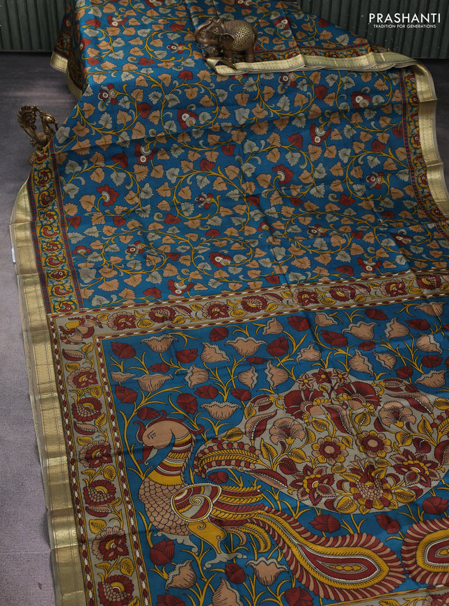 Pure printed silk saree teal blue and beige with allover kalamkari prints and zari woven border