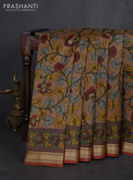 Pure printed silk saree sandal and rust shade with allover kalamkari prints and zari woven border