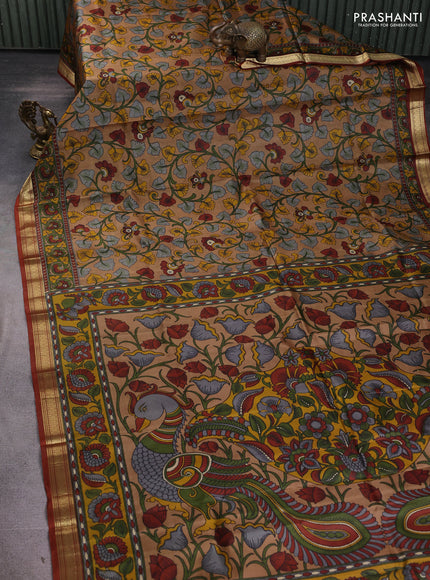 Pure printed silk saree sandal and rust shade with allover kalamkari prints and zari woven border