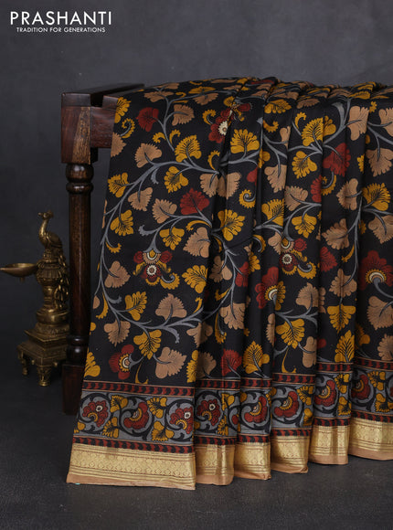 Pure printed silk saree black and sandal with allover kalamkari prints and zari woven border